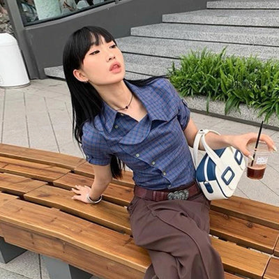 Y2K Plaid Asymmetrical Short Sleeve Shirt
