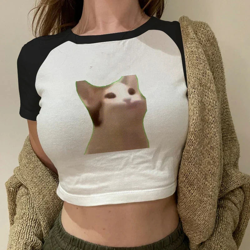 Casual White Basic Cat Print T-Shirt
