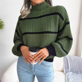High Collar Pullover Knitted Striped Sweater