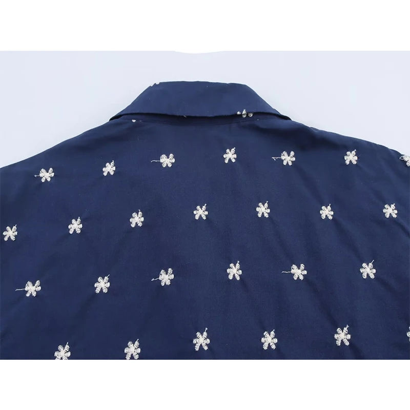 Vintage Sleeve Embroidery Blue Casual Women Shirt
