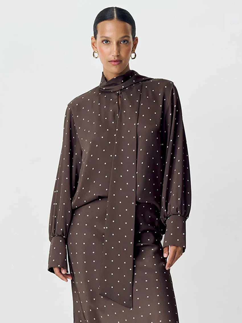 Polka Dot Bow Collar Long Sleeve Blouse