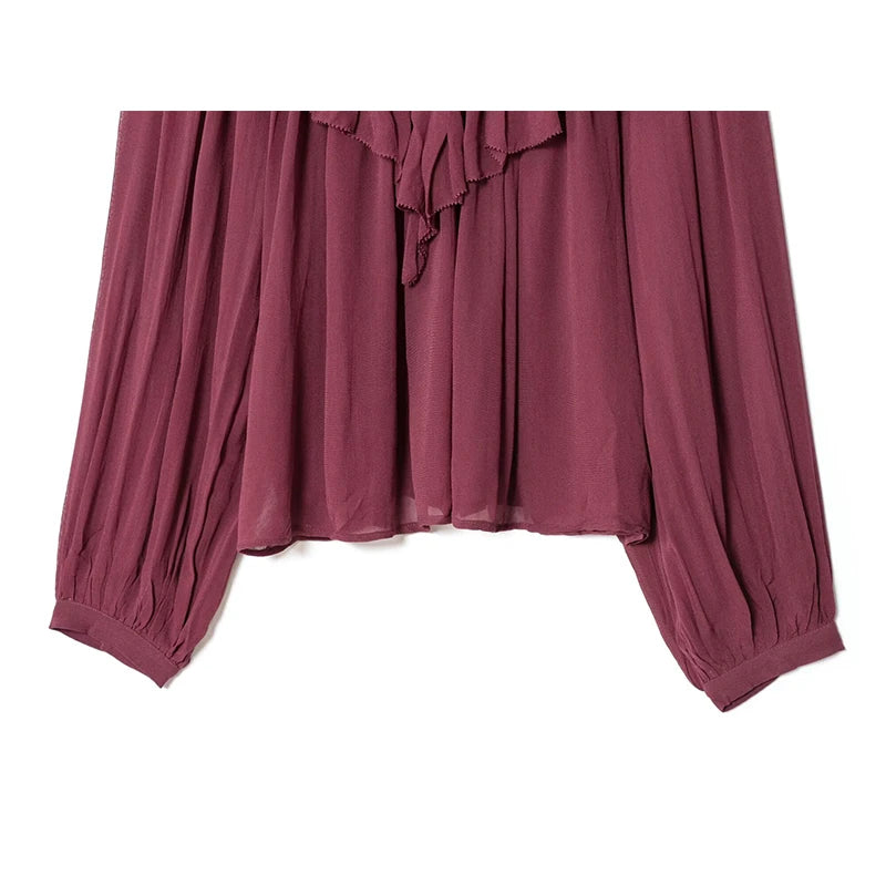 Women Wine Red Ruffle Chiffon Blouse