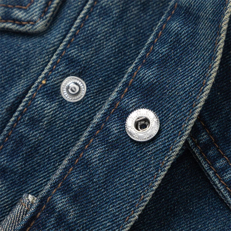 V-neck Washed Dark Blue Denim Jacket