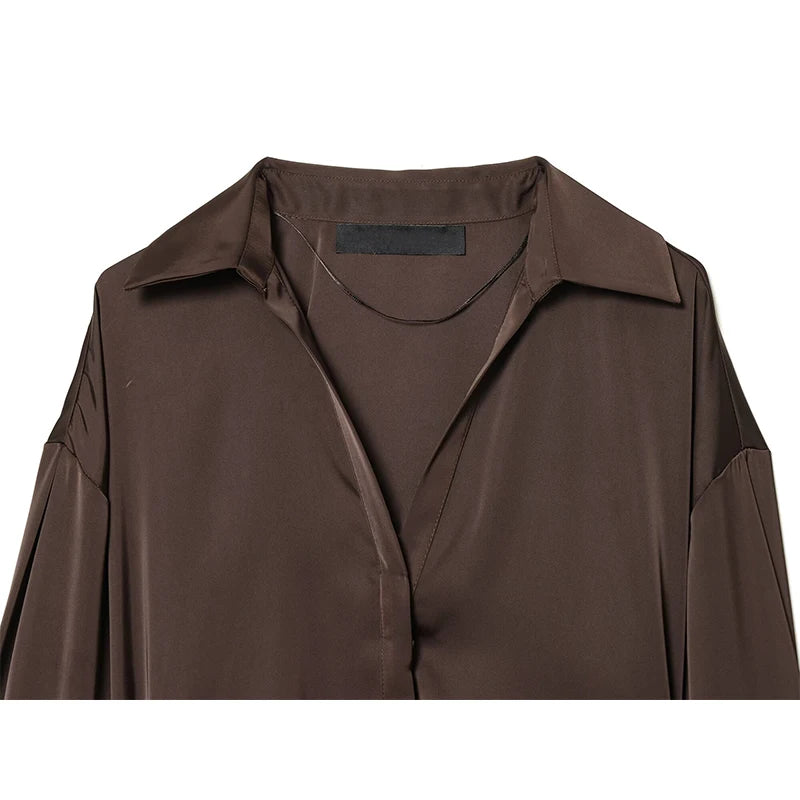 Women Elegant With Belt Satin Brown Shirt