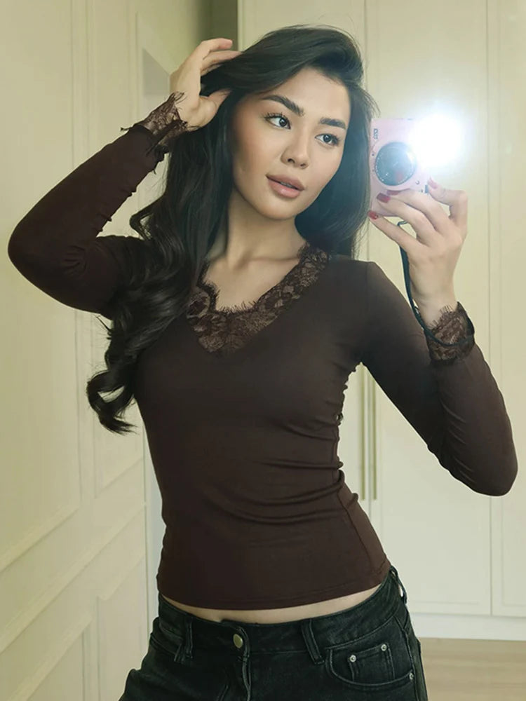 Casual V-neck Lace Splicing Top