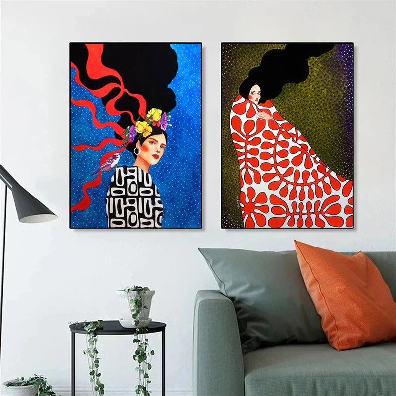 Retro Flowers Girls Hair Paintings Poster