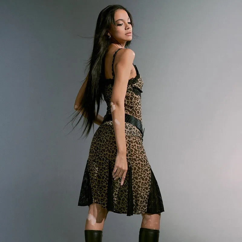 Leopard Print Grunge Spaghetti Strap Midi Dress