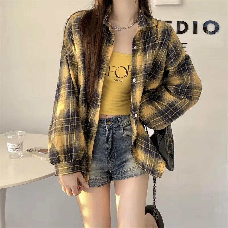 Oversized-Tartan-Jacken-T-Shirt mit Kragen