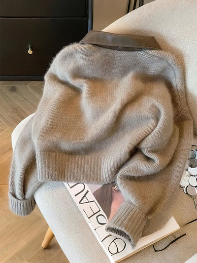 Zipper Knitted Leather Collar Fuzzy Jacket