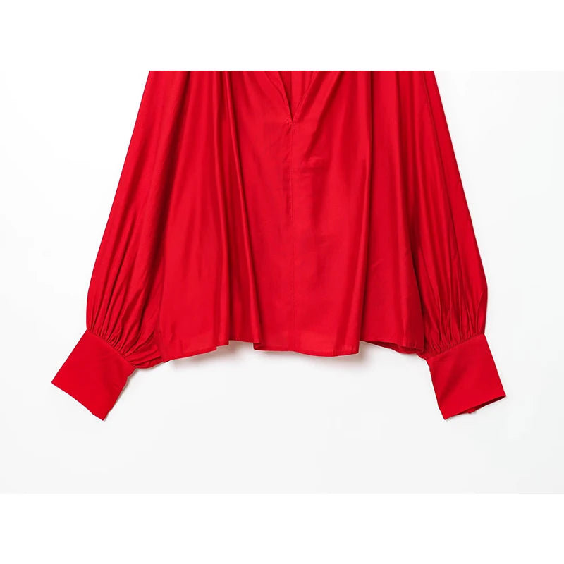 Black Red V Neck Lantern Sleeve Vintage Blouse