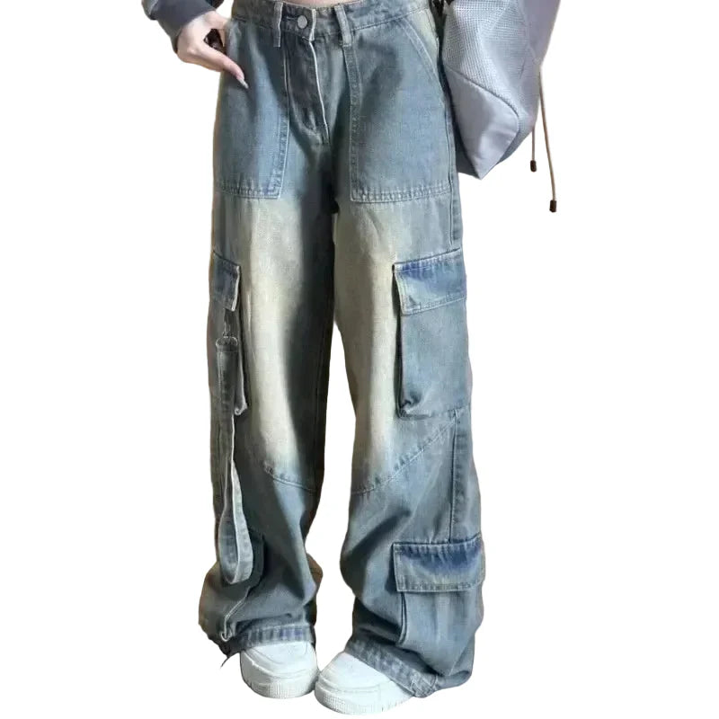 High Waist Denim Cargo Jeans