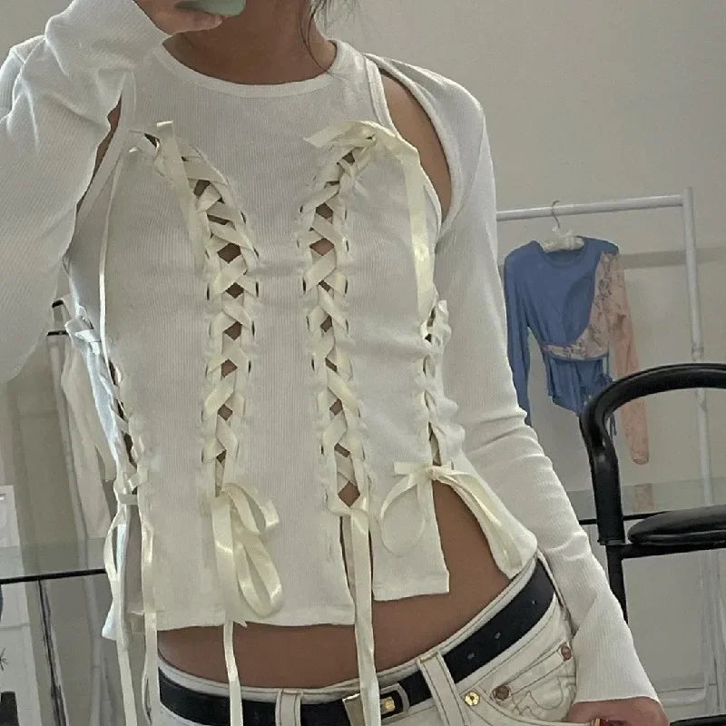 Coquette White Lace-Up Tank Top