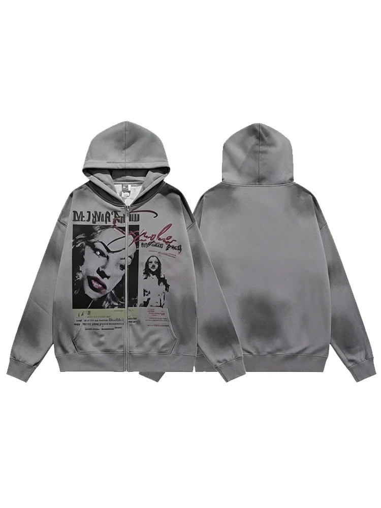 Soft Grunge Face Print Zip Up Hoodie