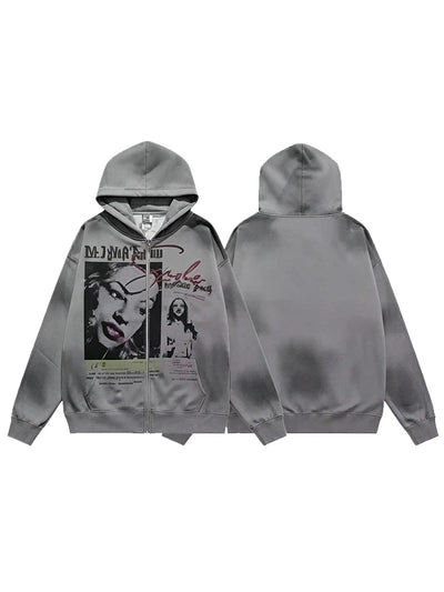 Soft Grunge Face Print Zip Up Hoodie
