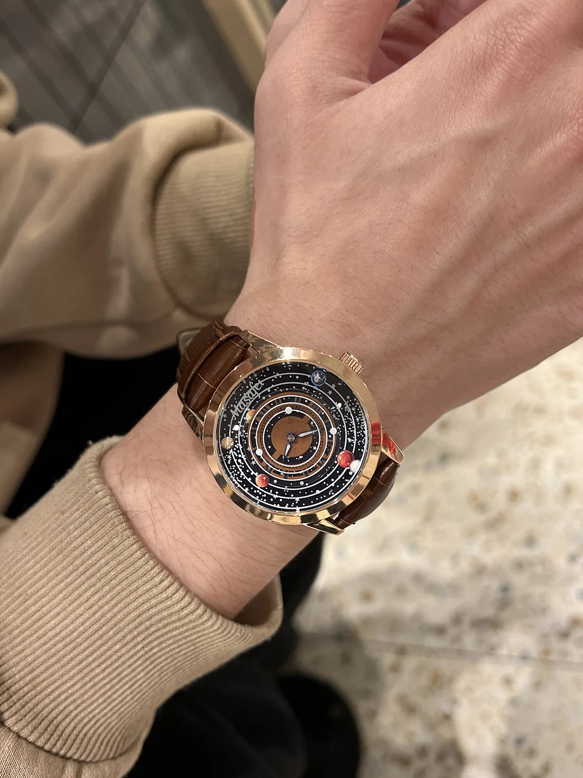 Planet Dial Brown Leather Strap Quartz Watch