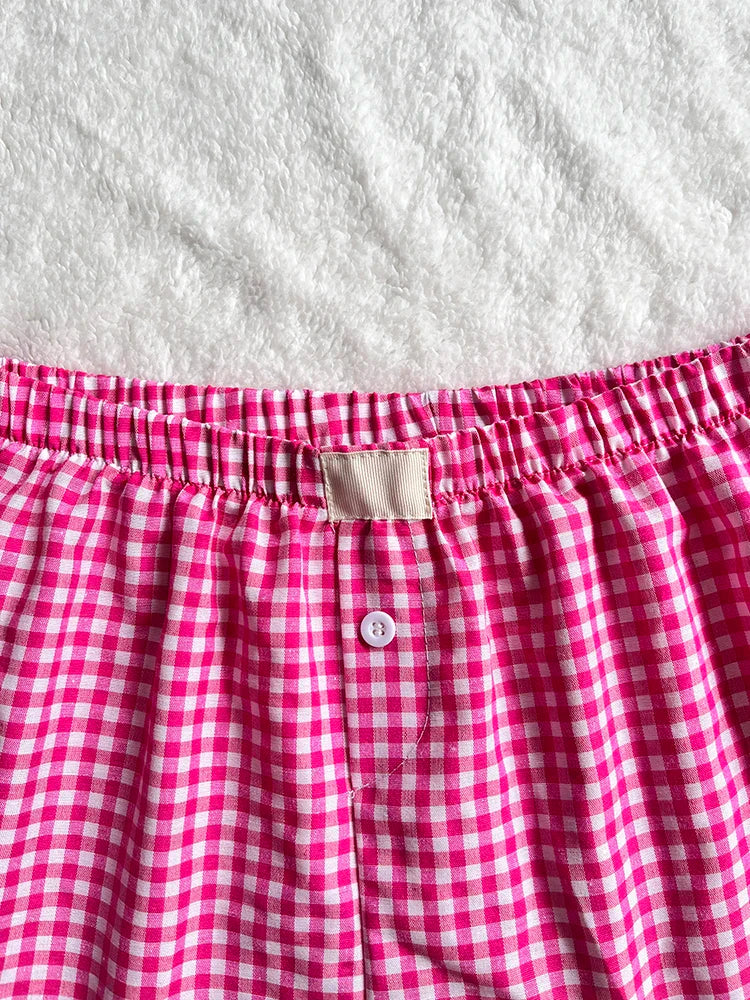 Elastic Waistband Gingham Boxer Shorts T-Shirt