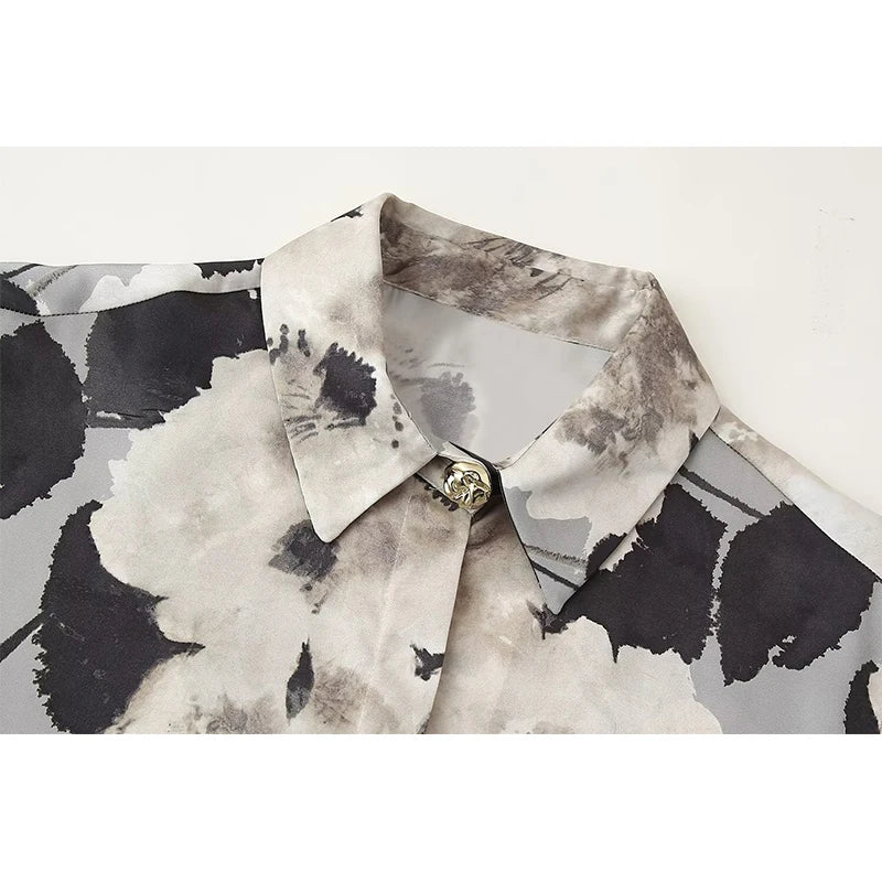 Women Vintage Flora Print Satin Shirt