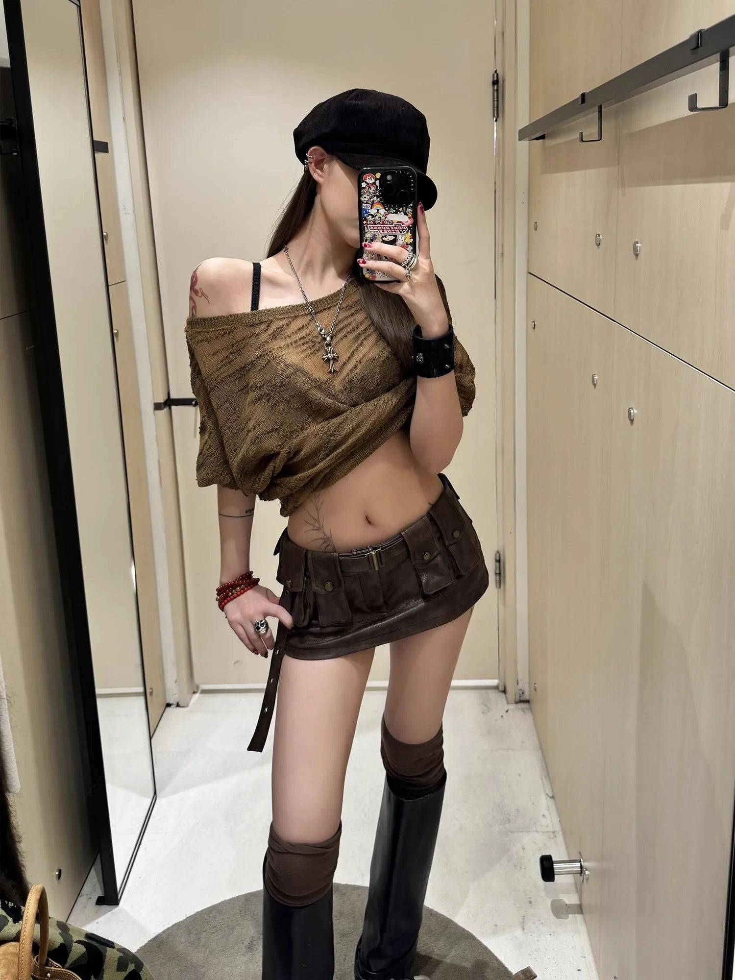 Vintage Distressed Brown Leather Mini Skirt