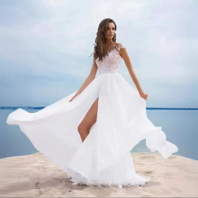 A-Line Long Chiffon White Boho Maxi Dress