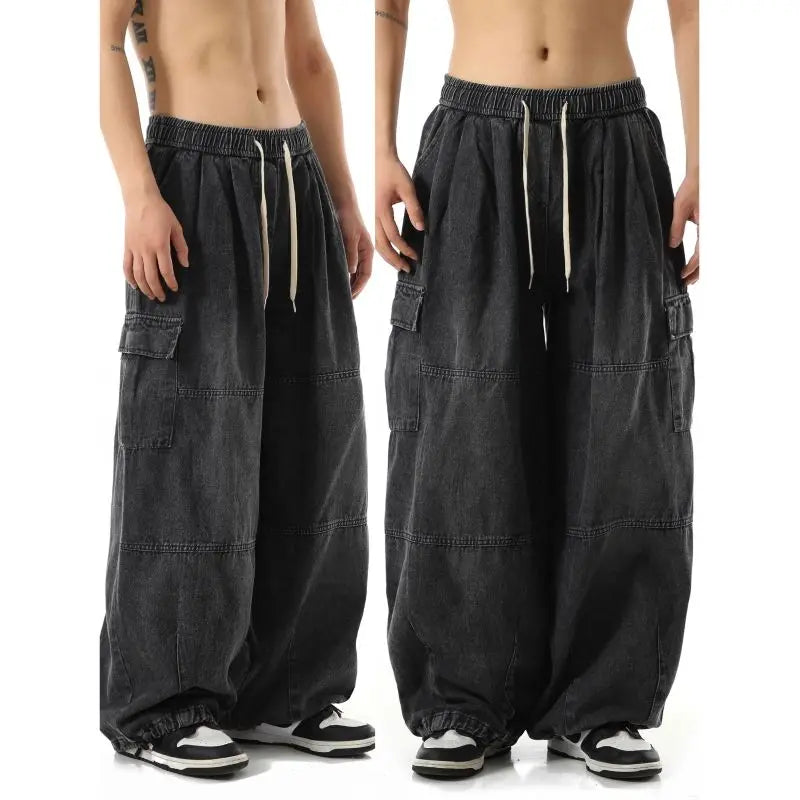 Drawstring Faded Wide Leg Cargo Jeans