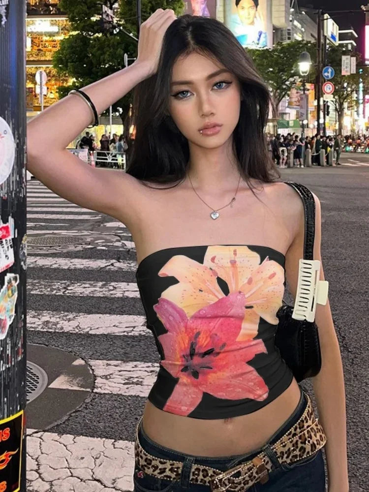 Y2k Floral Printing Bandeau Top