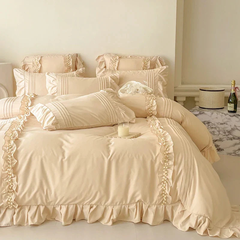 Cream White Princess Ruffles Bedding Set