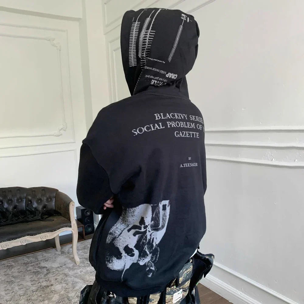 Gothic Punk Zipper Black Hoodie