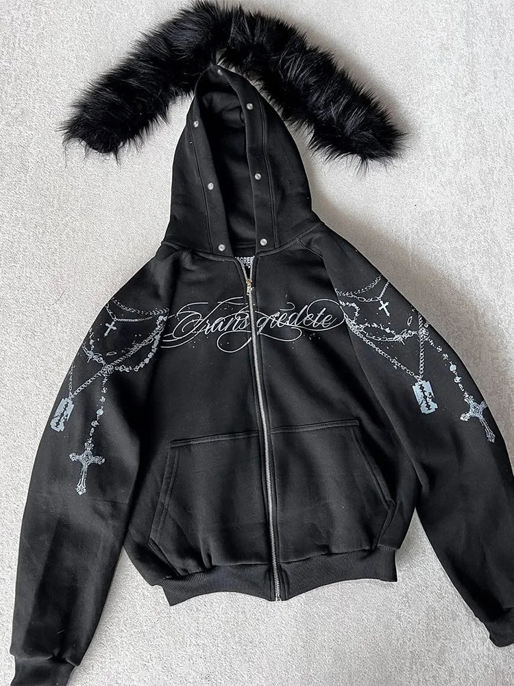 Graphic Faux Fur Zip Up Hoodie