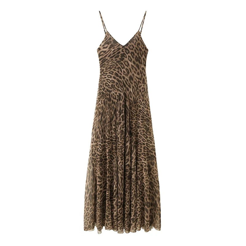 Animal Print V Neck Sling Maxi Dress
