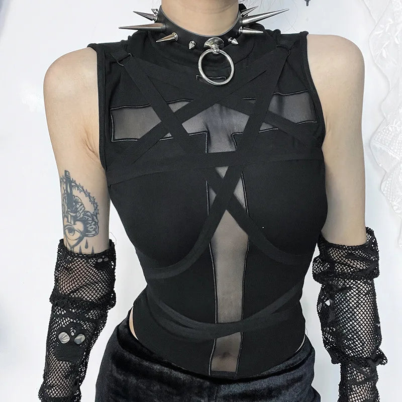 Y2K Cross Strap Sheer Top