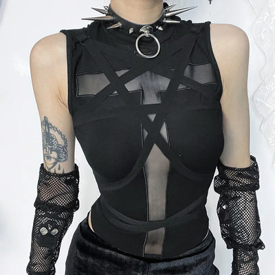 Y2K Cross Strap Sheer Top