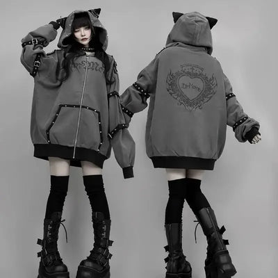 Y2K Gothic Cat Ear Zip Hoodie