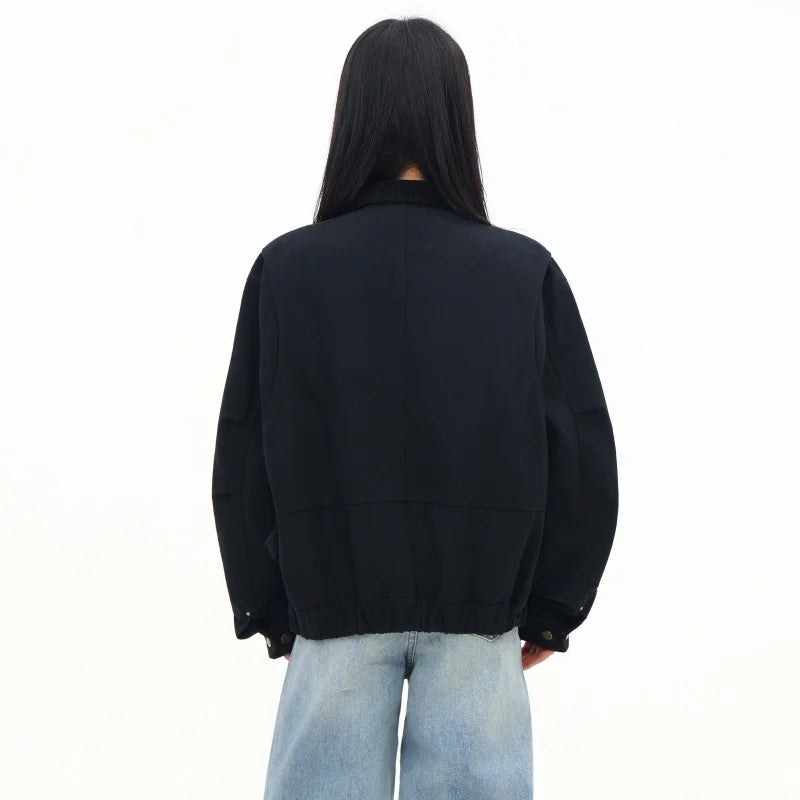 Boxy Black Cotton Varsity Jacket