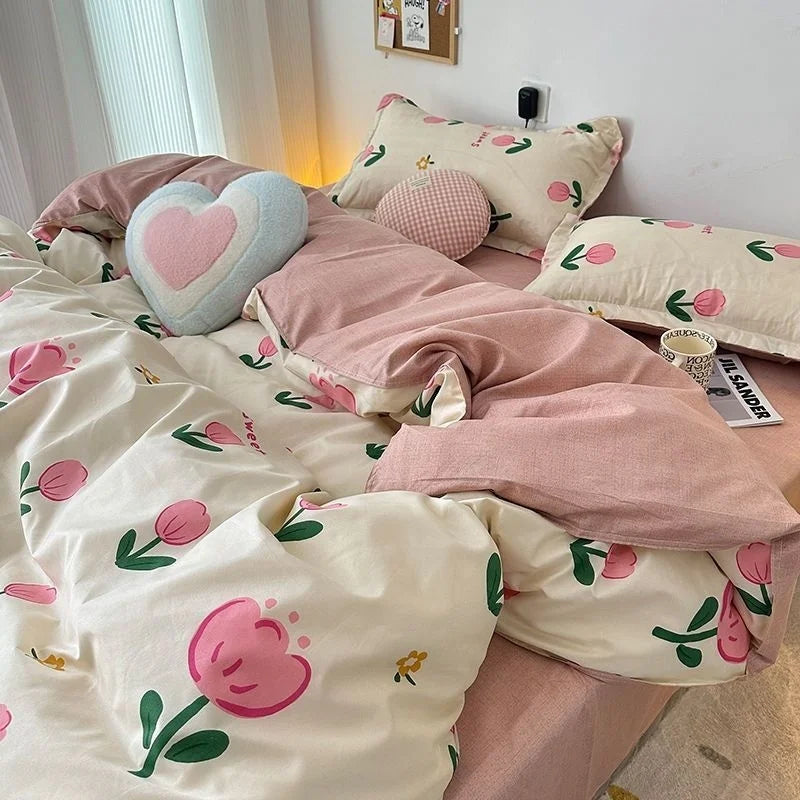 Korean Pink Letter Bedding Set
