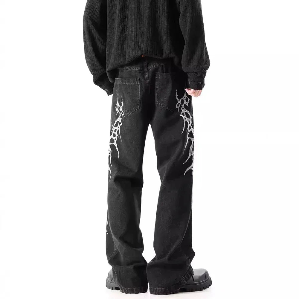 Y2K Jeans mit schwerer Stickerei im geraden Schnitt