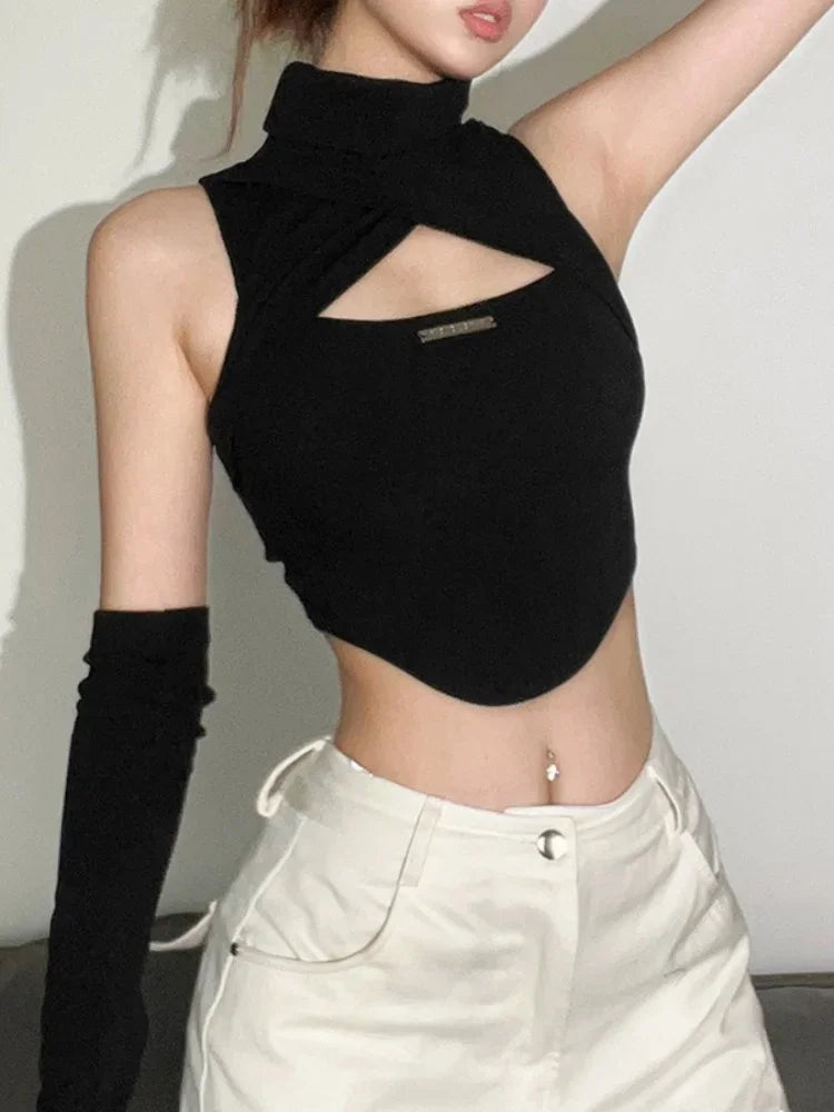 Hollow Out Turtleneck Y2k Black Tops