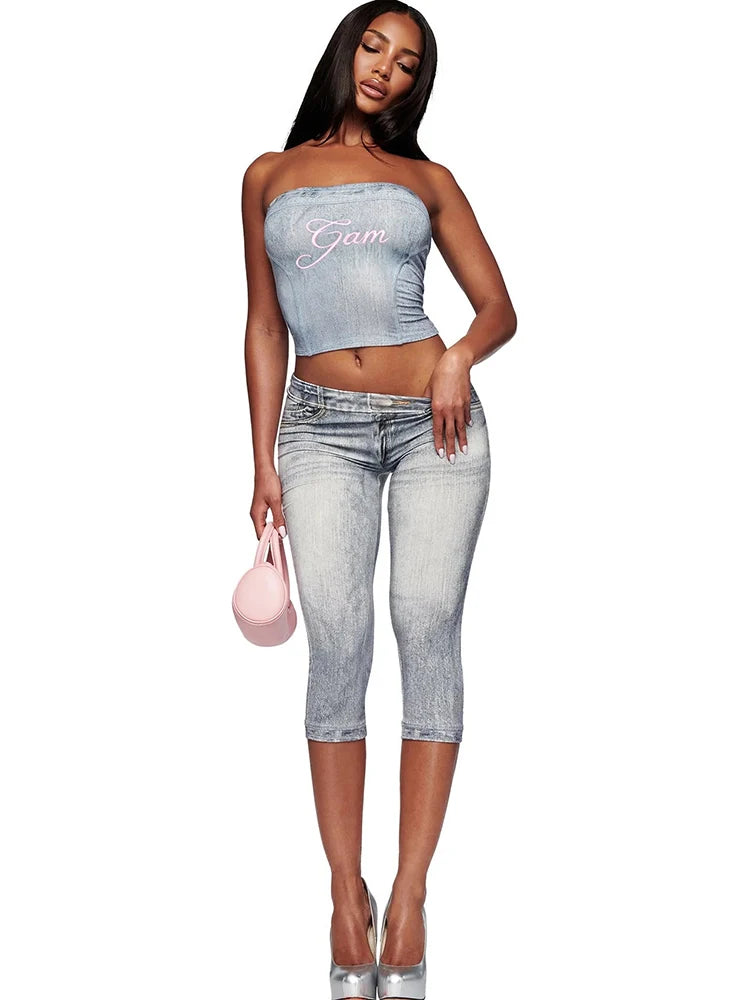Y2K Tube Top & Capri Denim Set