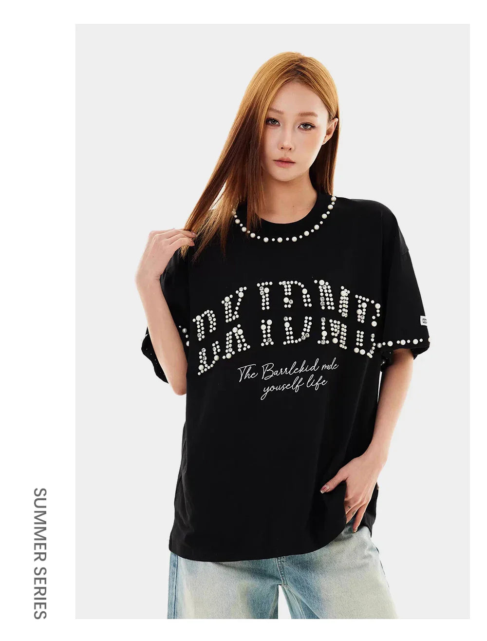 Embroidered Beading Crew Neck Short T-Shirt