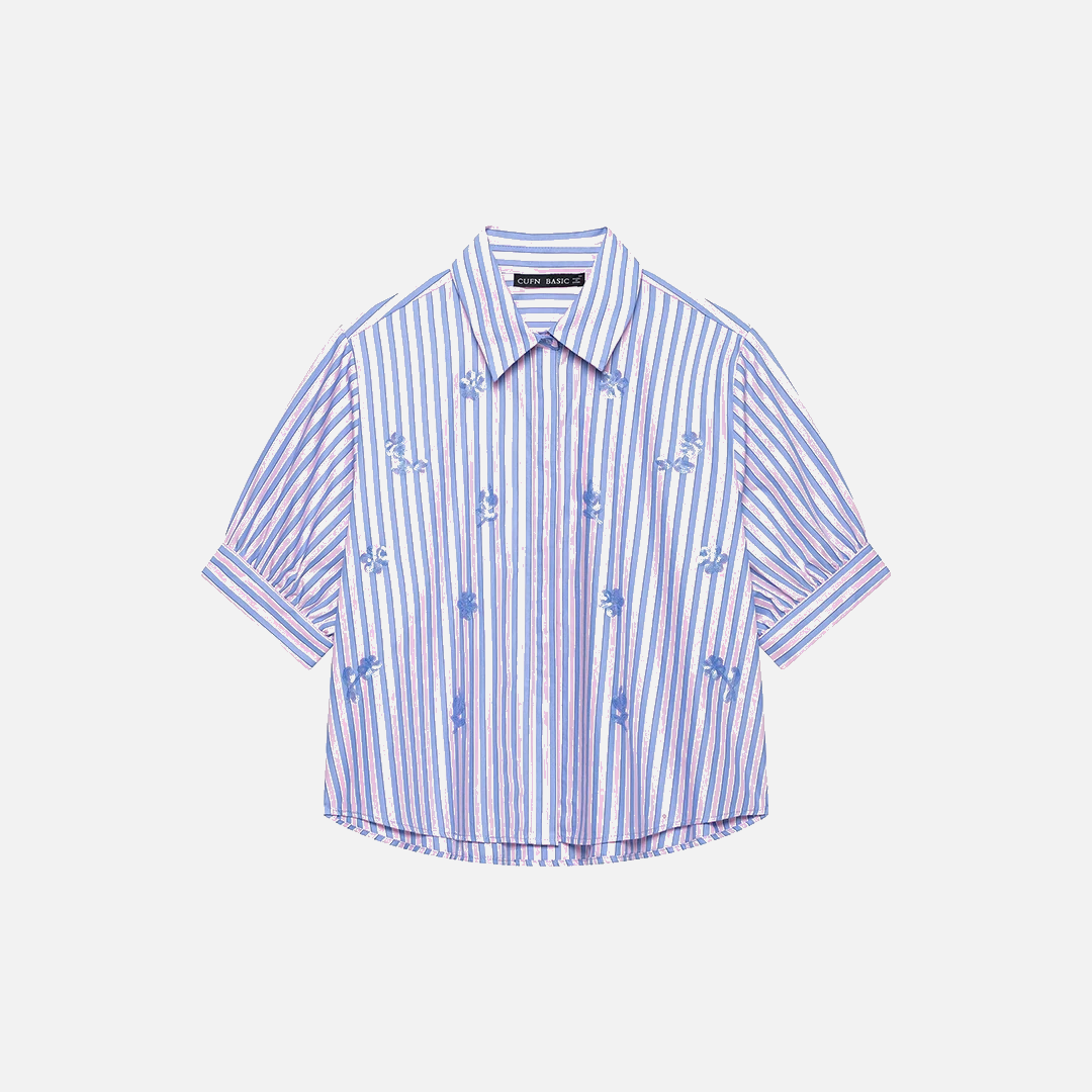 Camisa corta a rayas y lentejuelas azul para mujer