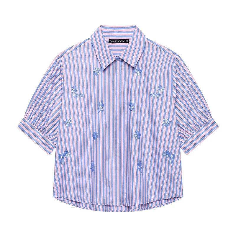 Sequined Striped Crop Women Blue Shirt