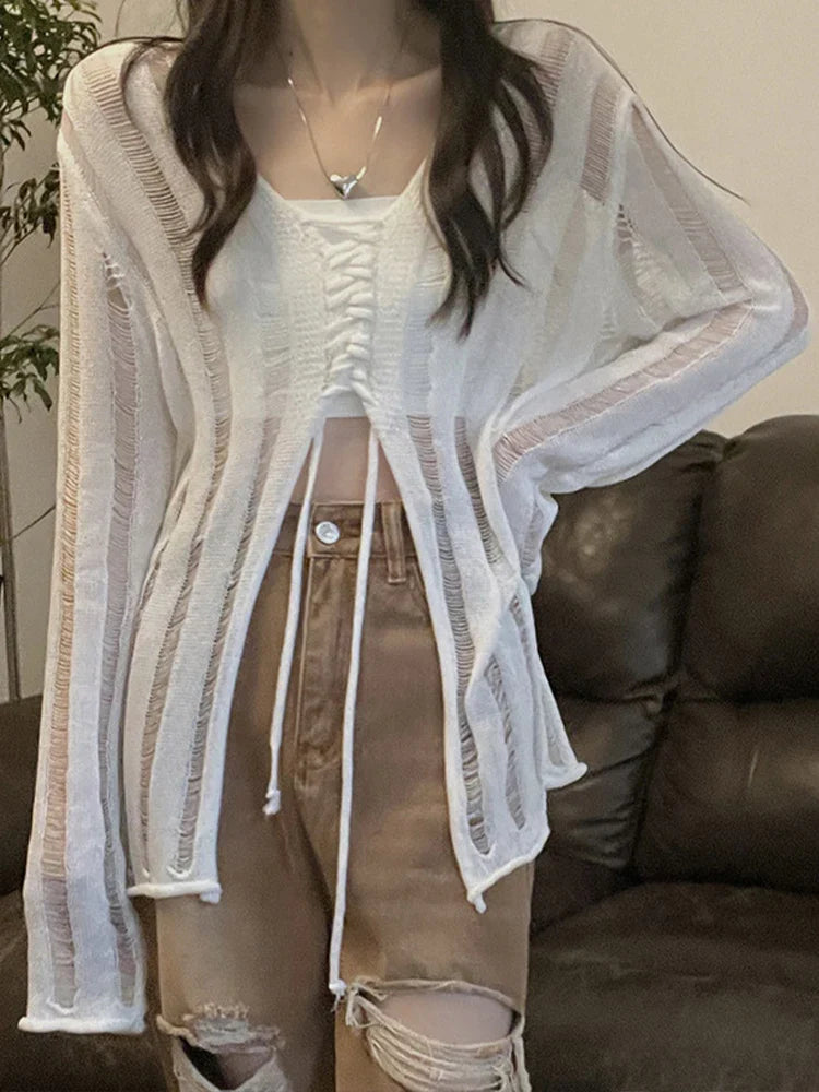 Y2K Black Grunge Sheer Lace Up Knitted Top