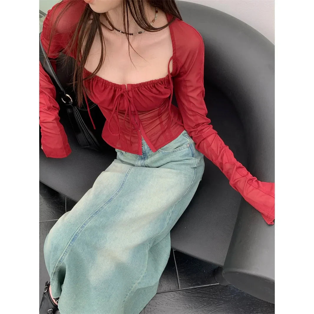 Red Wine Sqaure Neck Mesh Long Sleeve Top