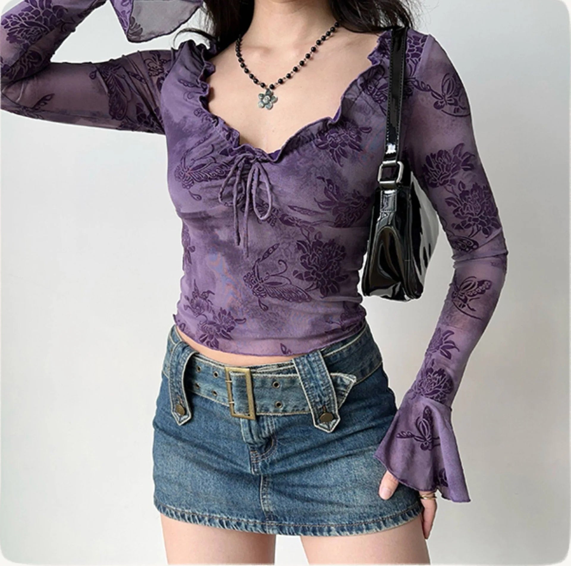 Y2K Floral Purple Blouse