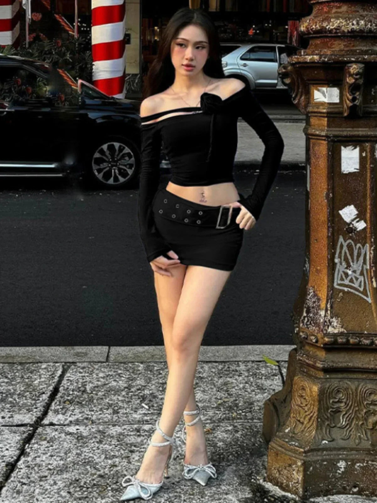 Baddie Rose One Shoulder Mesh Set