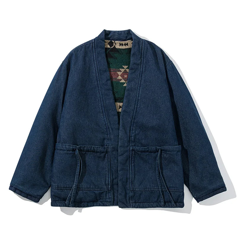 Drawstring Warm Wool Denim Coat