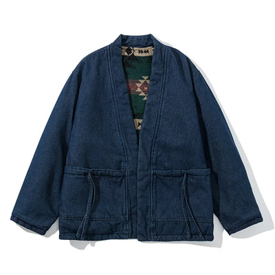 Drawstring Warm Wool Denim Coat