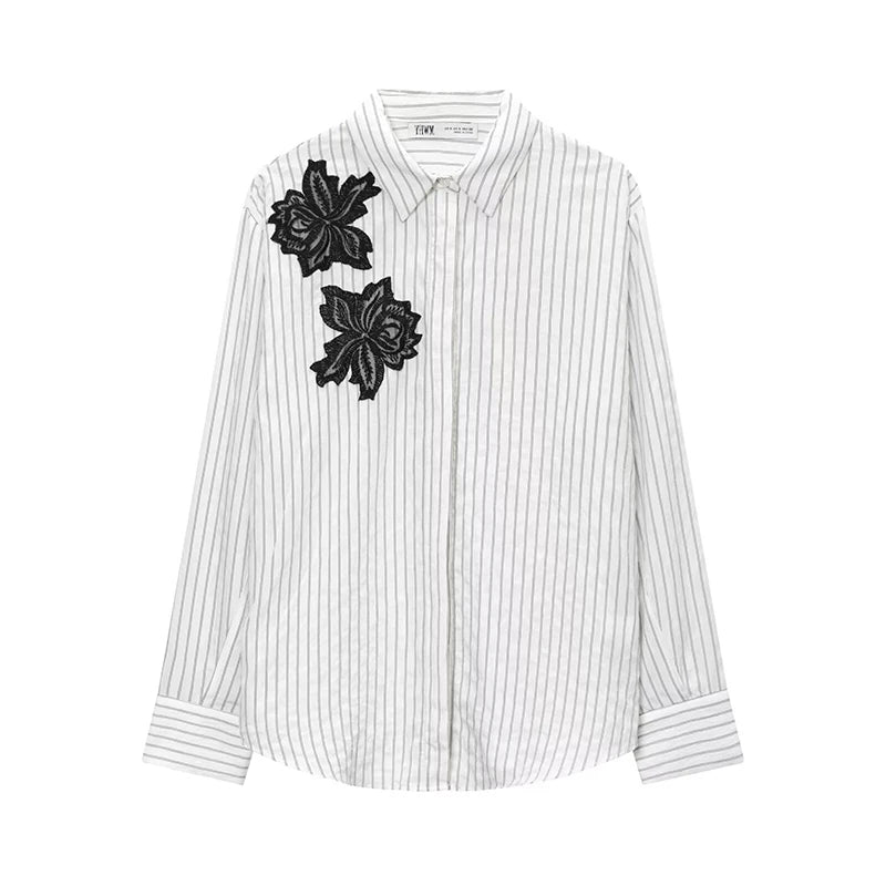 Lace Flower Applique Striped Shirt
