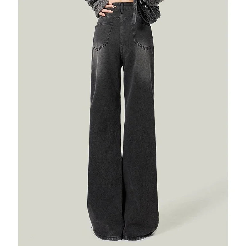 Retro Black Women's High Waist Wide Leg Jeans