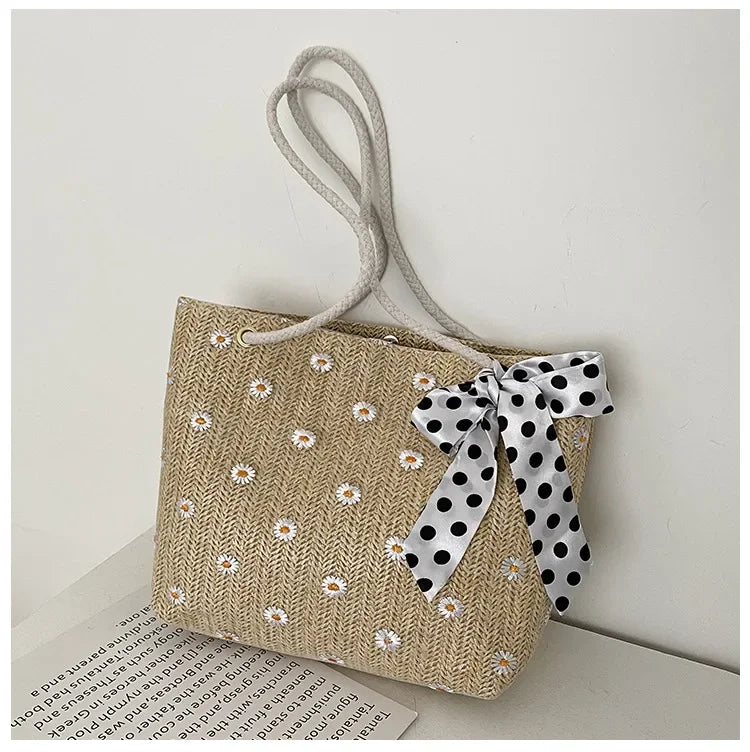 Bow-Tie Embroidery Daisy Shoulder Bag