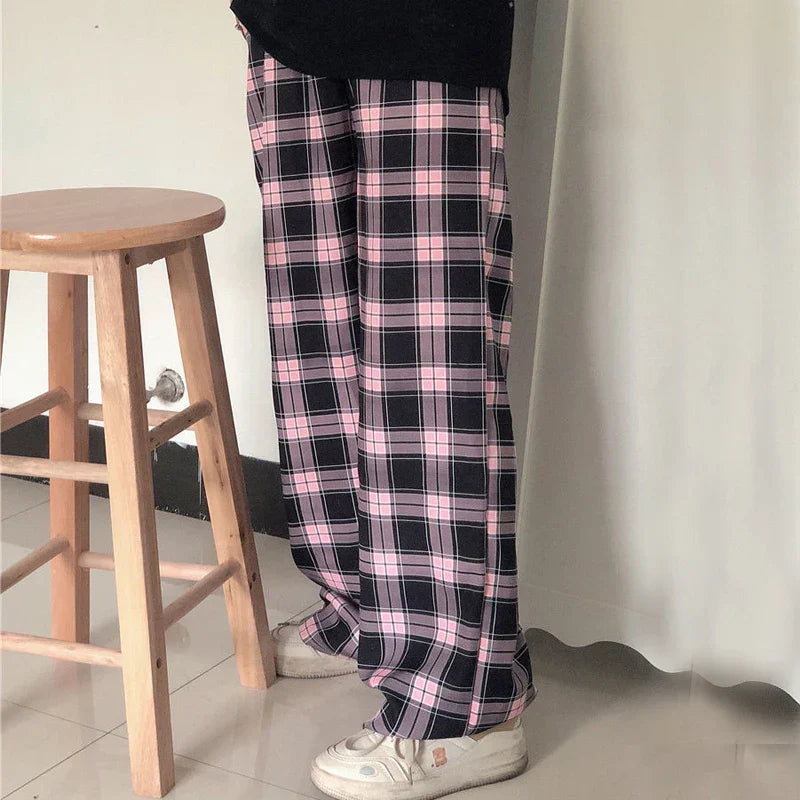 Oversized Black Pink Plaid High Pants